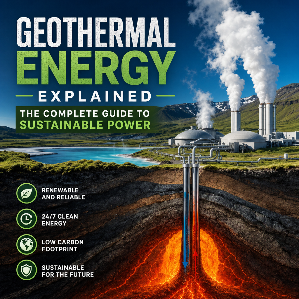 Geothermal power plant with steam rising from cooling towers in a green valley