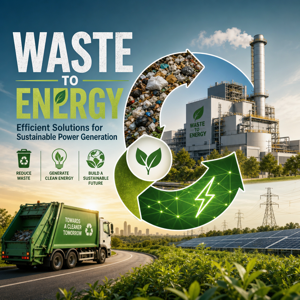 Garbage truck unloading trash at a waste-to-energy plant with a tall exhaust stack
