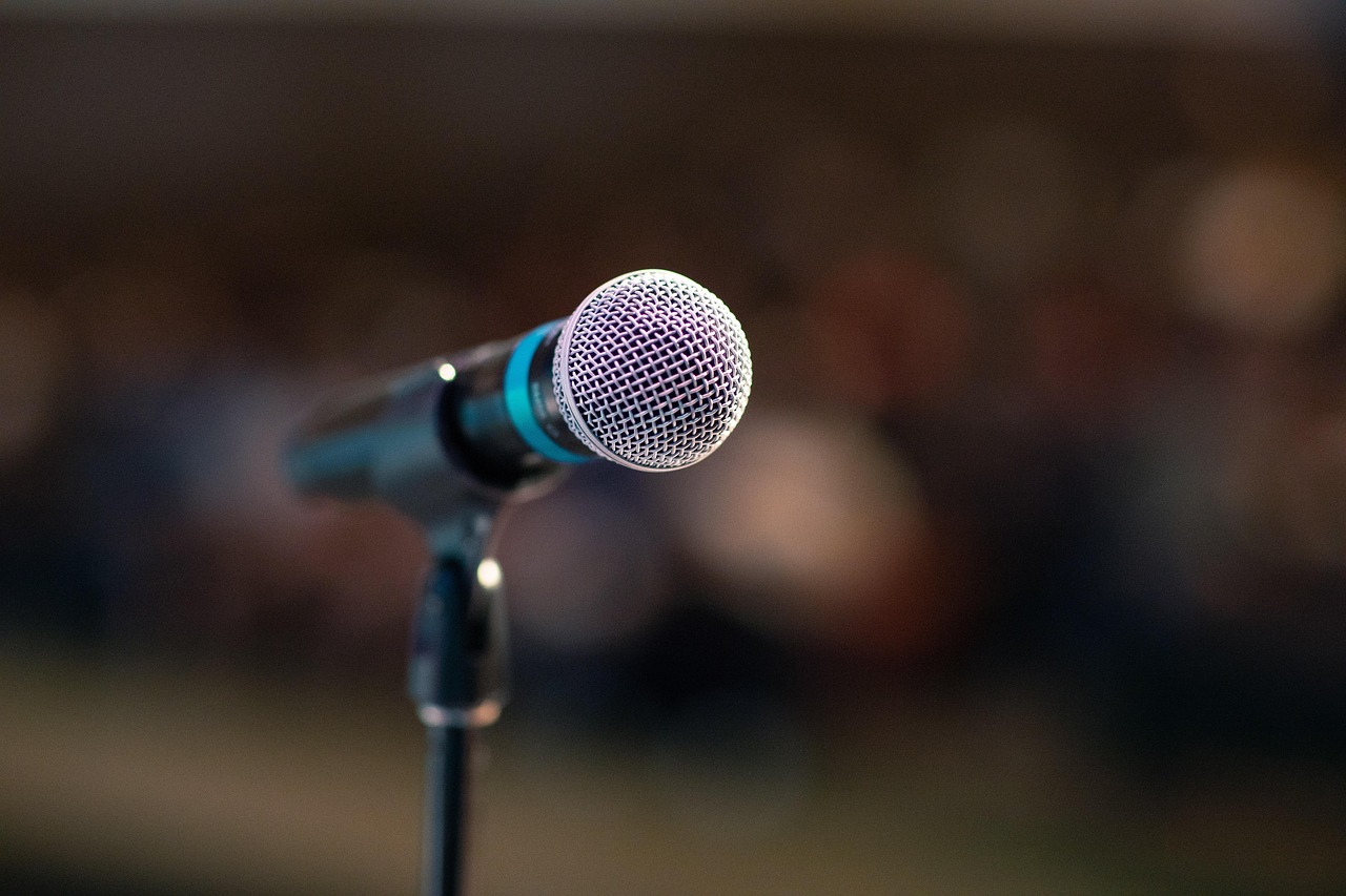 Public speaking, mic, microphone, stage, speech, speaker, sing, song, musician, music, performance, public, blur, audience, brave, stand out, success, attention, brown music, brown microphone, public