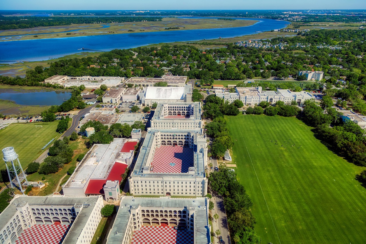 The citadel, military academy, landmark, historic, aerial view, buildings, campus, schools, universities, colleges, river, landscape, scenic, hdr, south carolina, america, charleston, military academy