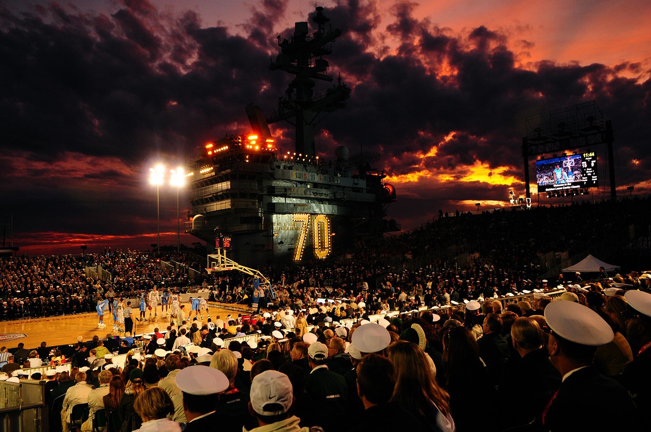 Annapolis, maryland, ship, aircraft carrier, basketball, court, sports, nature, teams, night, evening, night sky, sky, clouds, spectators, outside, lights
