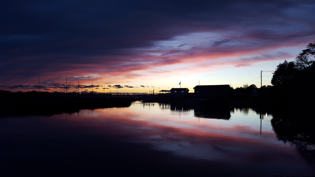 Clinton, nature, connecticut, harbor, sunset, landscape, boat, marina, river, purple, United States, Clinton, Connecticut