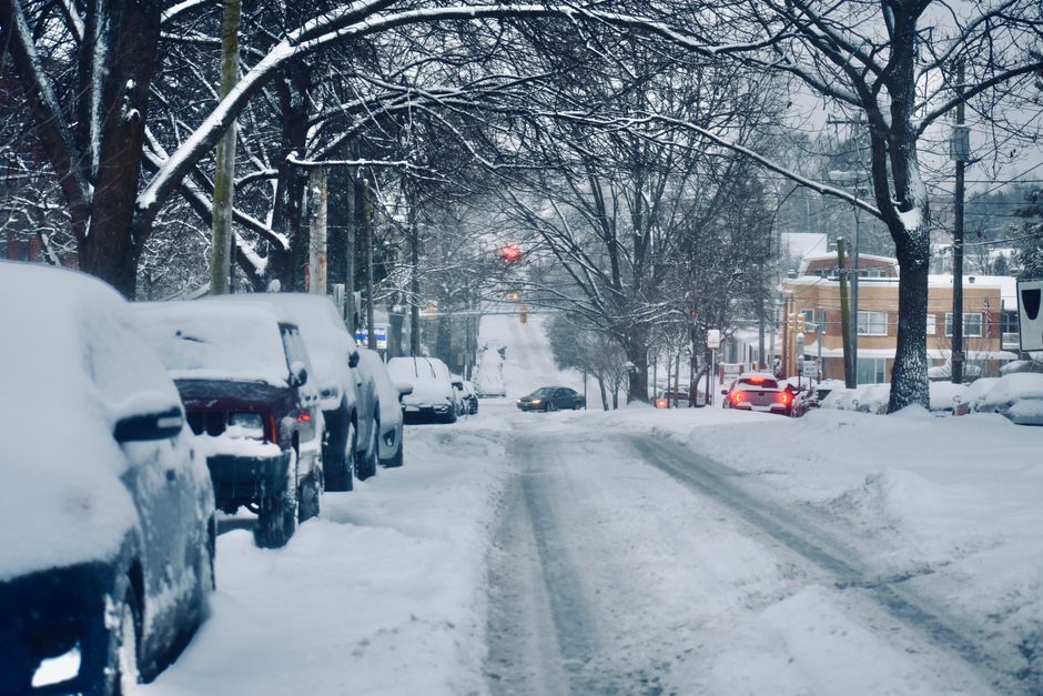 Snow-covered street lined with parked cars and leafless trees, depicting a serene winter cityscape.