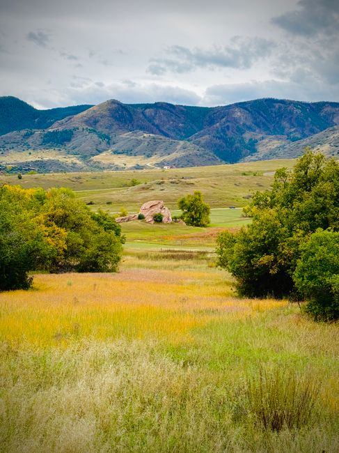 Expansive Rocky Mountain landscape with vibrant fields and clear skies in Colorado.
