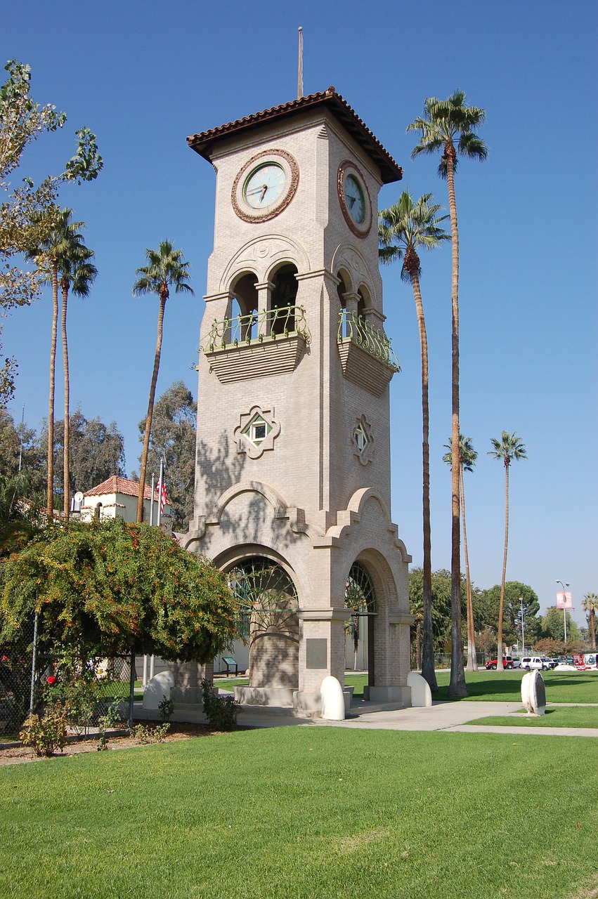 Bakersfield, california, clock tower, architecture, colorful, sky, clouds, trees, building, structure, scenic, palms, palm trees, nature, outside, landmark, bakersfield, bakersfield, bakersfield, bake