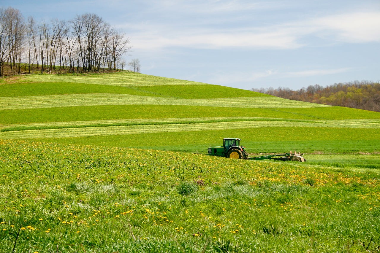 Tractor, ohio, farmland, rolling hills, rural landscape, agriculture, wildflowers, spring, nature, meadow, field, trees, blue sky, cultivated fields, day, countryside, farm equipment, crops