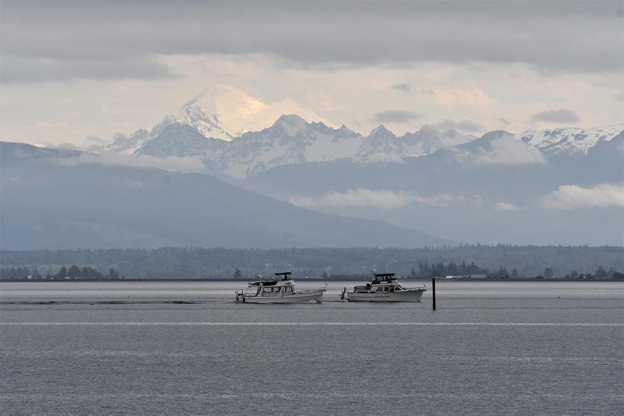 Boats, sunset, mountain, sea, ocean, puget sound, nature, washington, landscape, mt, baker