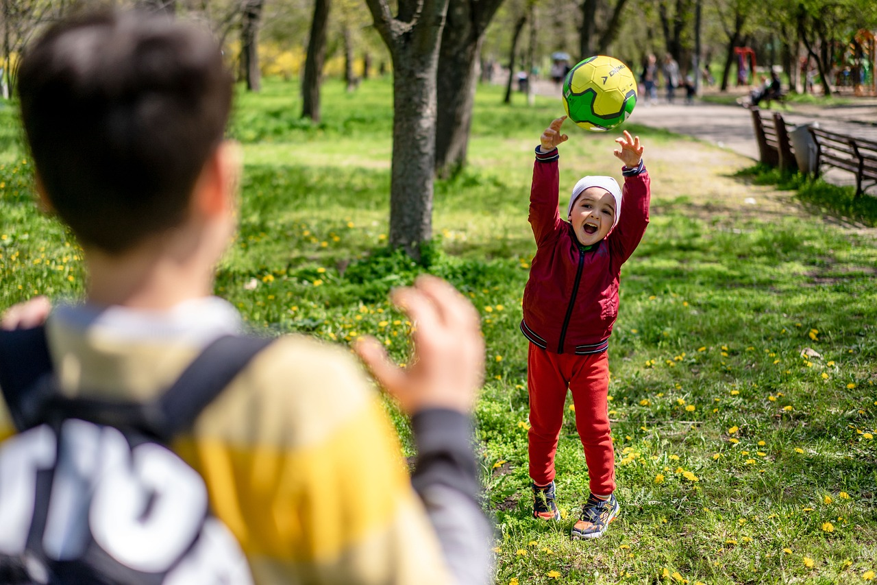 Park, nature, playing catch, kids, children, summer, childhood, caucasian, outdoors