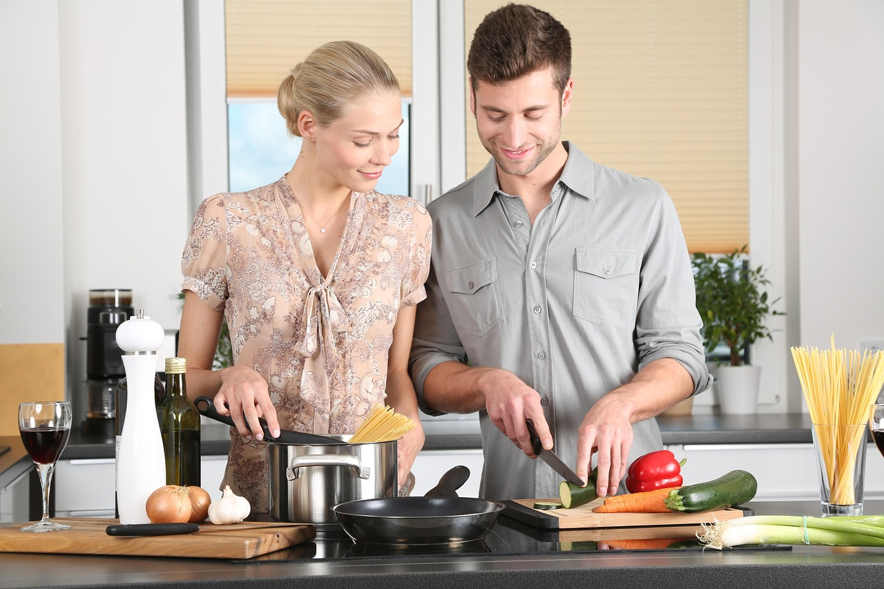 Happy valentines day, woman, man, kitchen, food preparation, couple, relationship, together, cooking, pair, cutting, chopping, everyday life, blonde, cutting board, vegetables, happy couple, stove, co