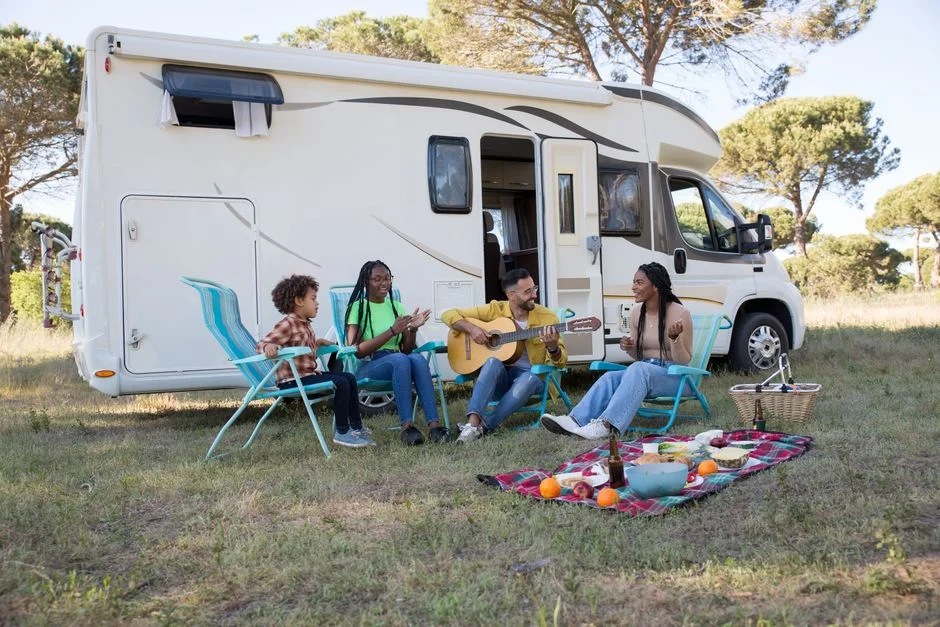 A family relaxing outdoors with a picnic and guitar by their camper, enjoying a sunny summer day in Portugal.