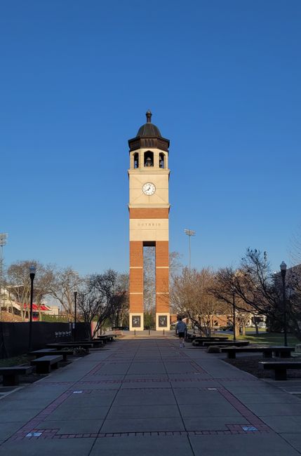 Vertical shot of Guthrie Bell Tower with clear sky in Bowling Green, Kentucky.