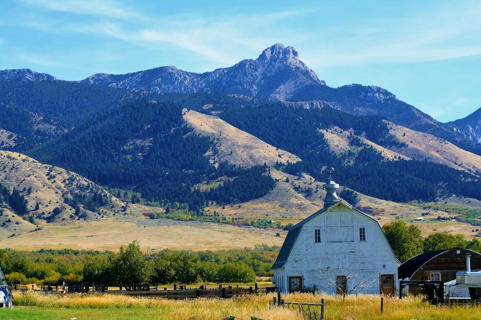 Tranquil Montana countryside featuring a white barn with stunning mountain backdrop.