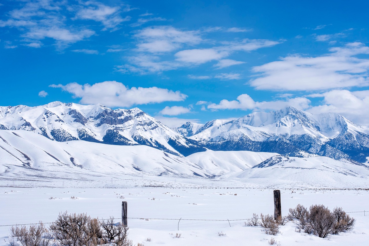 Snow, mountains, fence, ranch, us highway 93, idaho, nature, landscape, spring