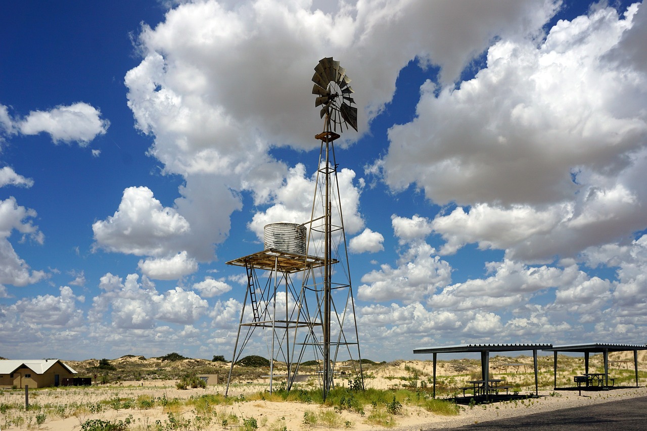 Windmill, nature, dunes, sand, sand dunes, cumulus, sky, clouds, landscape, monahans, sandhills, texas