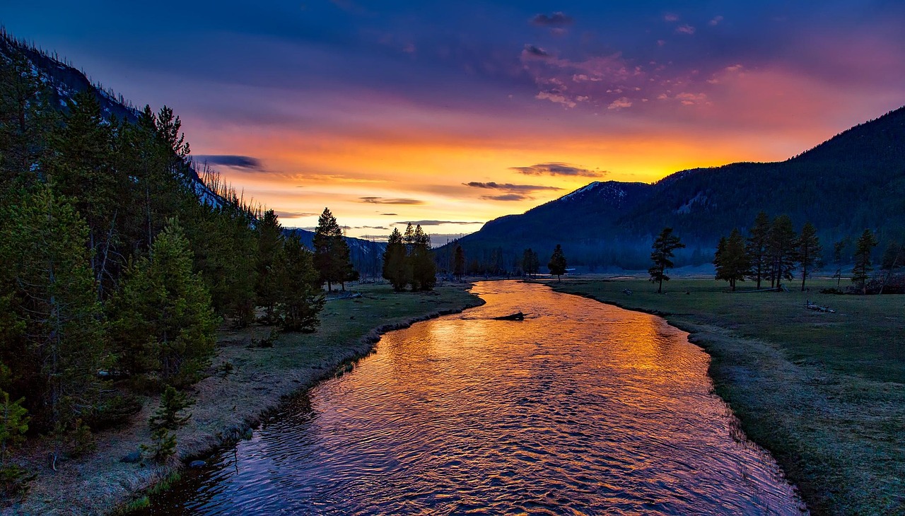 River, mountains, sunset, dusk, twilight, trees, conifers, water, mountain range, mountainous, landscape, nature, fields, yellowstone national park, evening, scenic, idyllic, meadow, outdoors, country
