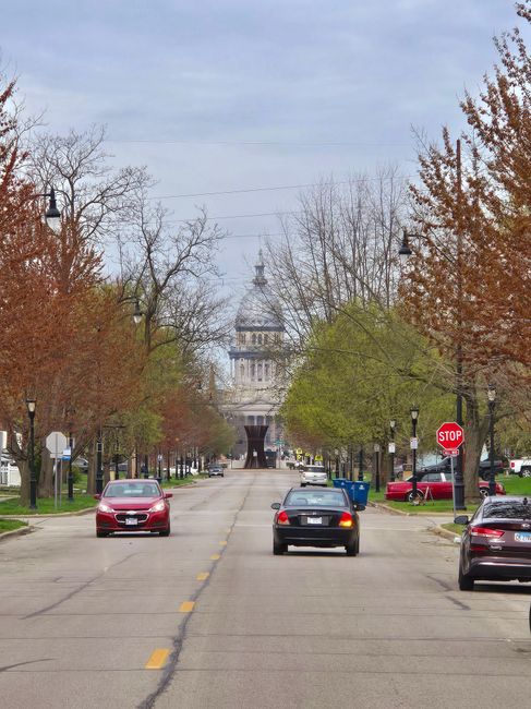 Scenic street view of a historic landmark building in early spring, framed by budding trees.