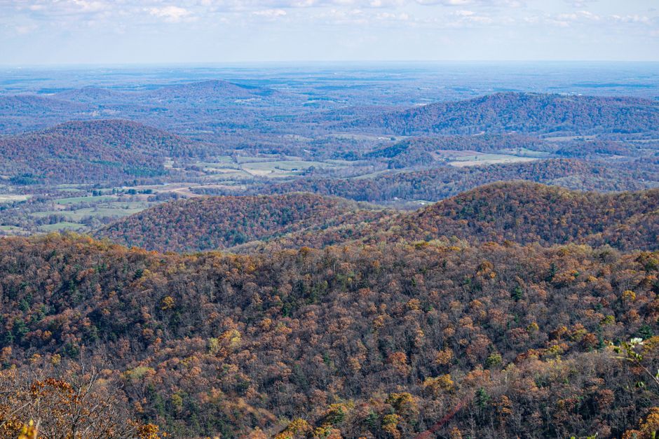 Stunning aerial view of the Appalachian Mountains capturing fall foliage in Virginia, USA.