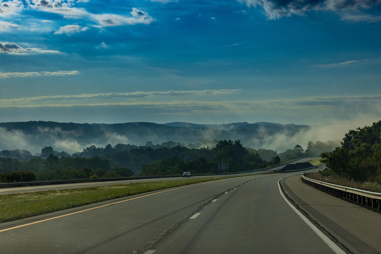Road, mountains, nature, fog, pavement, landscape, outdoors, new hampshire, usa