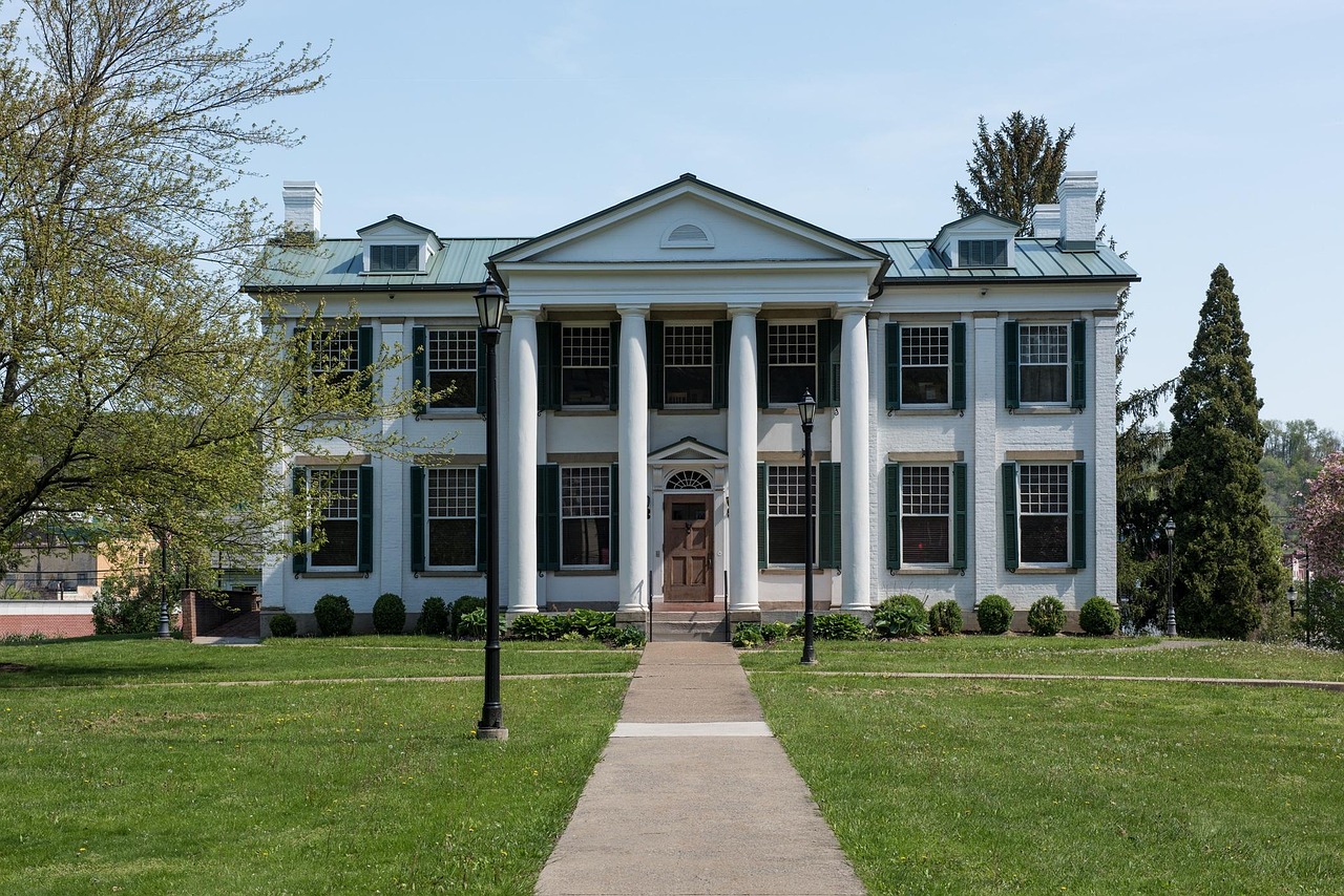Waldomore mansion, house, home, architecture, lawn, grass, grounds, property, building, dwelling, columns, landmark, historic, historical, nature, outside, outdoors, clarksburg, west virginia, west vi