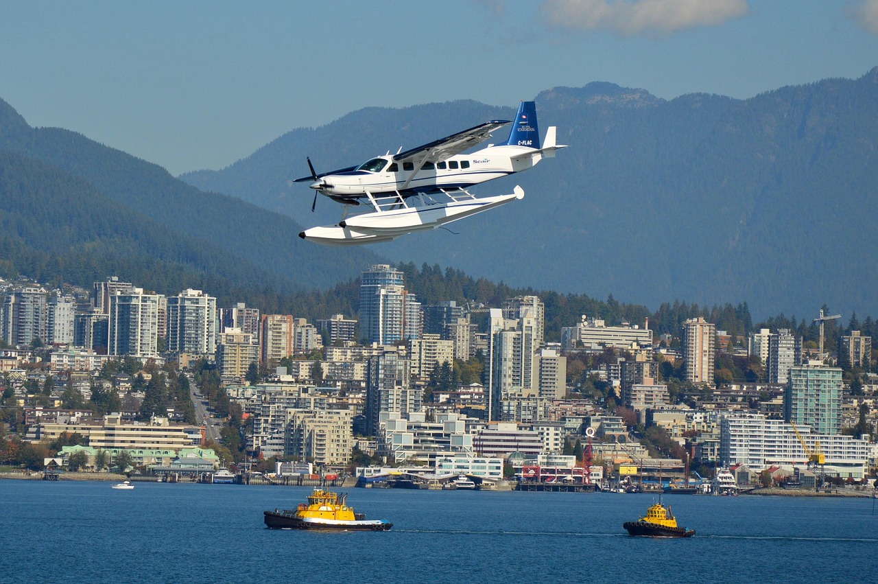 Canada, vancouver, north vancouver, seaplane, nature, approach, city, sea, view, skyline, british columbia