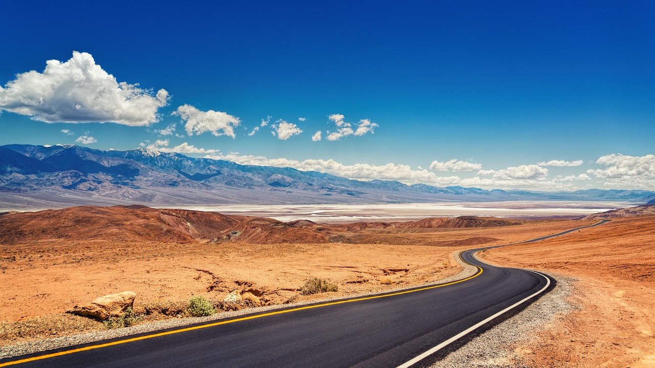 Death valley, road, desert, landscape, nature, california, panorama, clouds, mountains, sky, road, road, road, road, road, desert