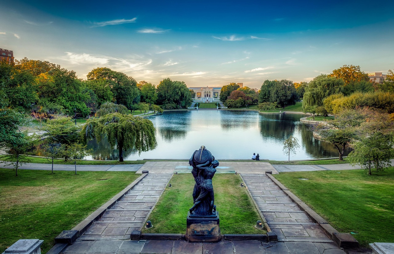 Cleveland, ohio, america, panorama, sunset, dusk, lake, pond, fall, autumn, sculpture, trees, landscape, nature, outdoors, sky, clouds, museum of art, attractions, tourism, cleveland, cleveland, cleve