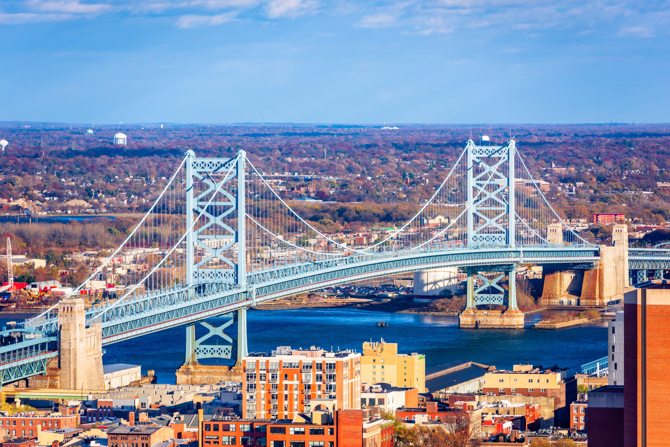 Benjamin Franklin Bridge spanning the Delaware River between Philadelphia and Camden