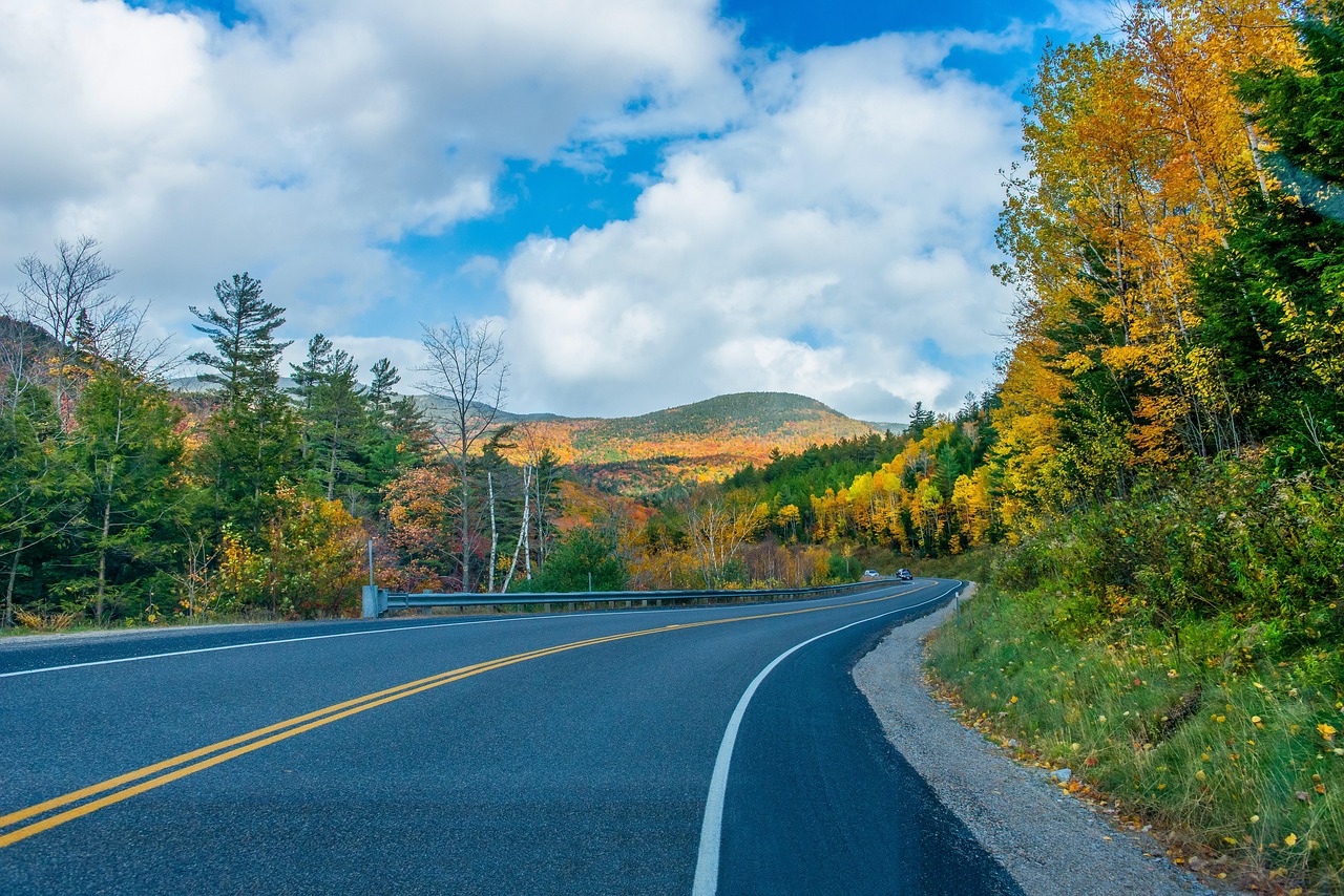 Road, trees, fall, highway, asphalt, autumn, foliage, forest, mountain, nature, landscape, scenic, new hampshire, usa