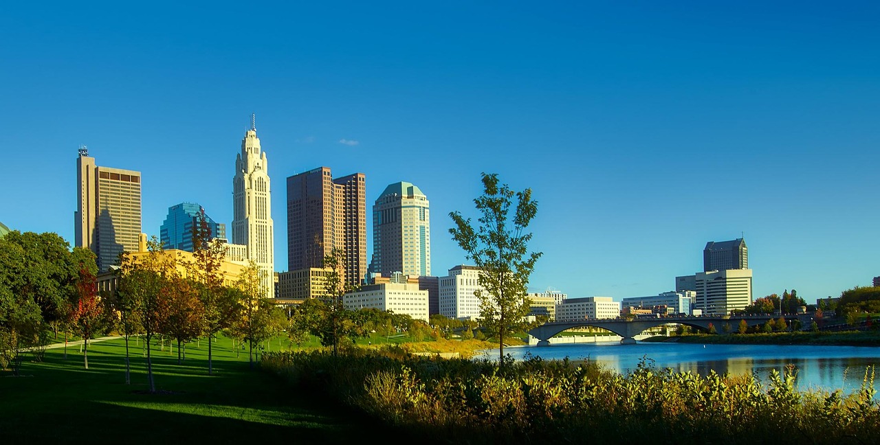 Columbus, ohio, city, urban, buildings, skyscrapers, skyline, downtown, cityscape, architecture, nature, hdr, laveque tower, landmark, historic, scioto river, water, reflections, panorama, United Stat