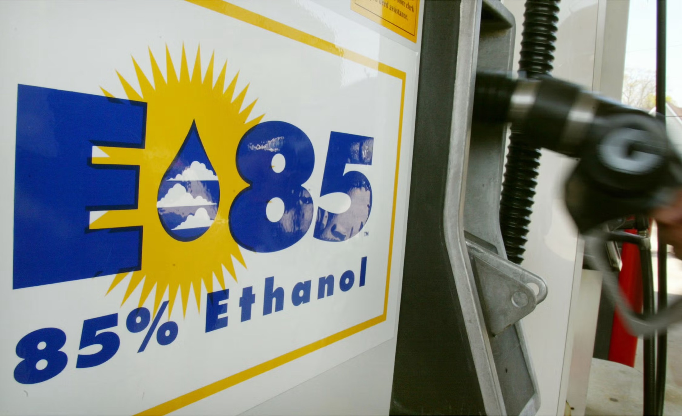 E85 85 percent ethanol sticker on a fuel pump