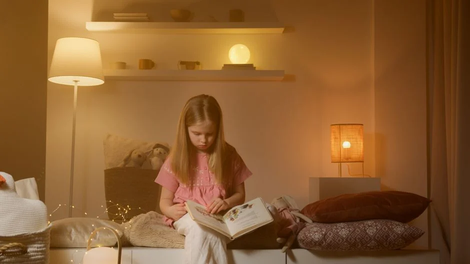 A young girl reading a book in a warmly lit bedroom, creating a cozy and calm atmosphere.