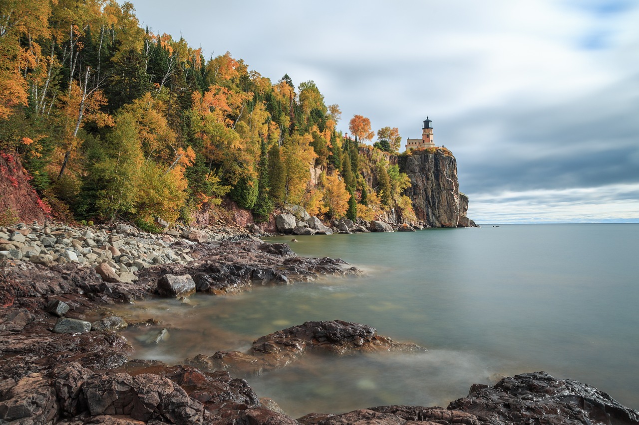 Usa, lighthouse, coast, building, sky, landscape, water, nature, travel, coastline, clouds, scenic, landmark, minnesota, split rock lighthouse, long-term exposure, fall, autumnal, minnesota, minnesota