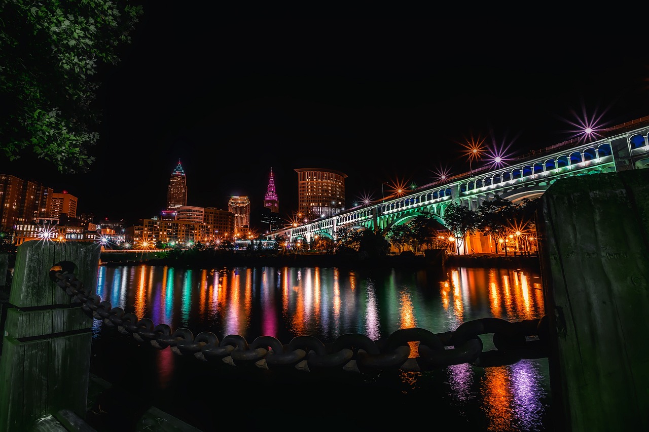 Cleveland, ohio, city, urban, cityscape, skyline, bridge, lake erie, lights, buildings, downtown, architecture, glow, reflections, beautiful, hdr, black city, black building, black bridge, black lake,