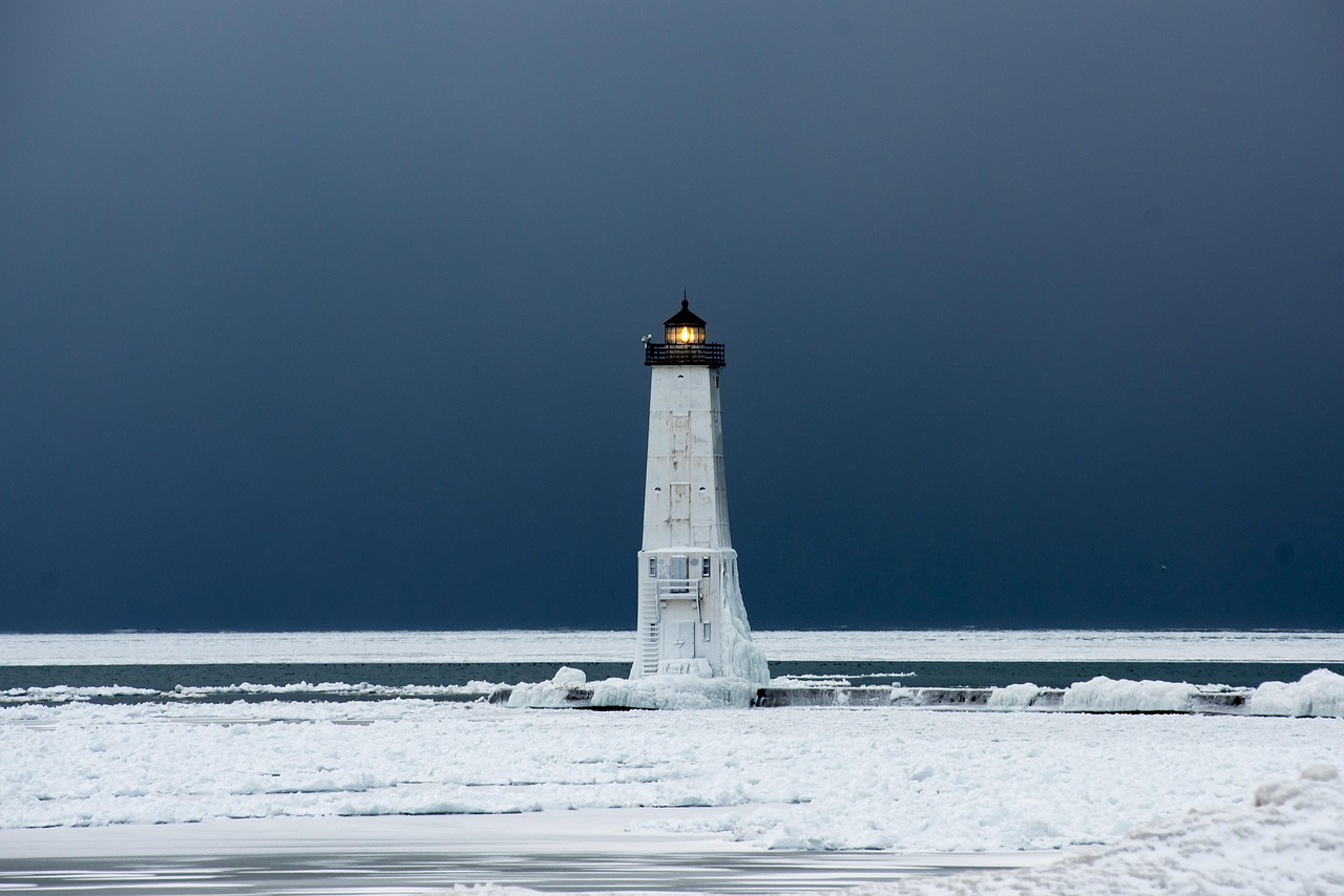 Lighthouse, ice, winter, michigan, nature, landscape, water, frozen, beacon