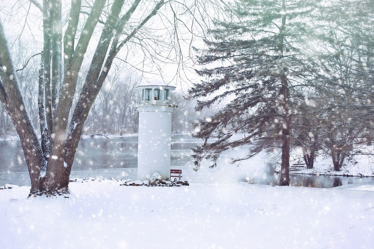 Winter, lighthouse, snow, snowy, michigan, nature, landscape, frozen, nautical