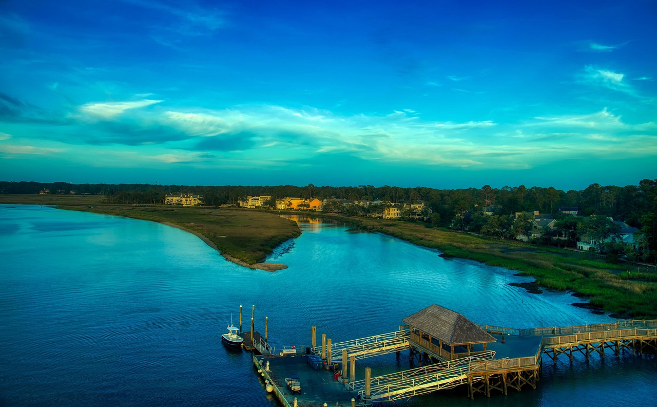 Hilton head, river, water, landscape, aerial view, pier, dock, boats, america, south carolina, hdr, tourism, sky, clouds, sunset, dusk, nature, outdoors, mood, beautiful, resorts, vacation, holiday, h