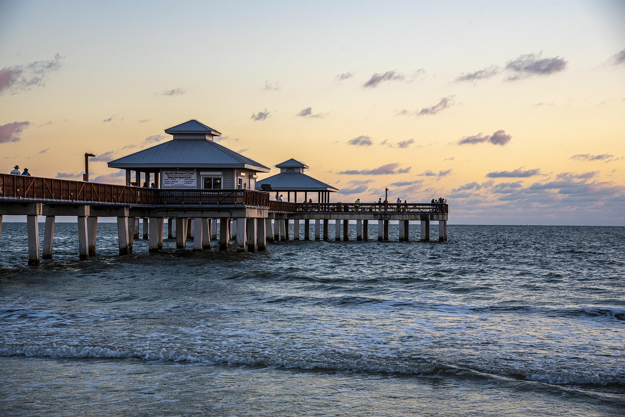 Beach, pier, sunset, sea, ocean, water, calm, waves, horizon, scenery, scenic, dusk, boardwalk, fishing pier, gulf of mexico, fort myers beach, nature, florida