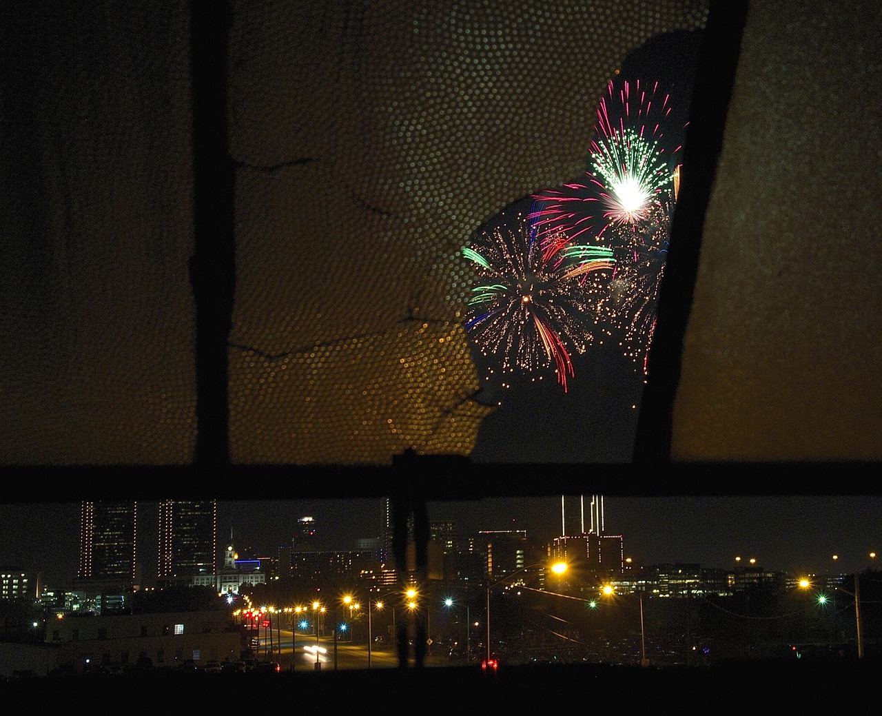 Fireworks, independence day, 4th of july, night, night photography, usa, main street, urban, city, fort worth, texas, holiday, patriotic, urbex, abandoned building, broken, broken window, broken glass