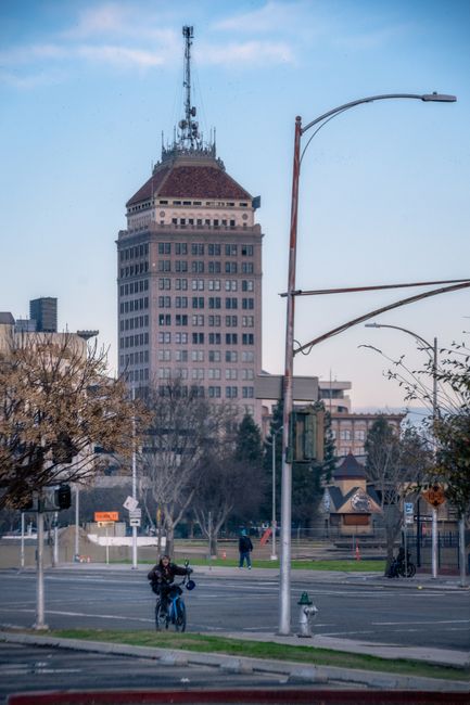 The historic Fresno skyline captured during the blue hour, featuring prominent architecture.
