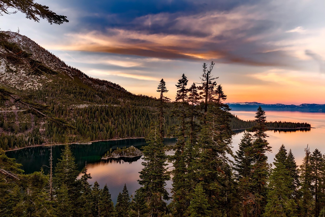 Lake, trees, mountains, conifers, coniferous, conifer forest, sky, landscape, nature, lake tahoe, emerald bay, california, water, reflections, clouds, sunset, dusk, forest, woods, woodlands, outdoors,