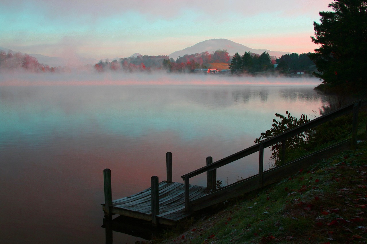 Water, dawn, sunset, nature, lake, sky, outdoors, landscape, reflection, dock, morning, scenic, mist, fog, sunrise, calm, tranquil, scenery, wooden, peaceful, lake junaluska, north carolina, north car