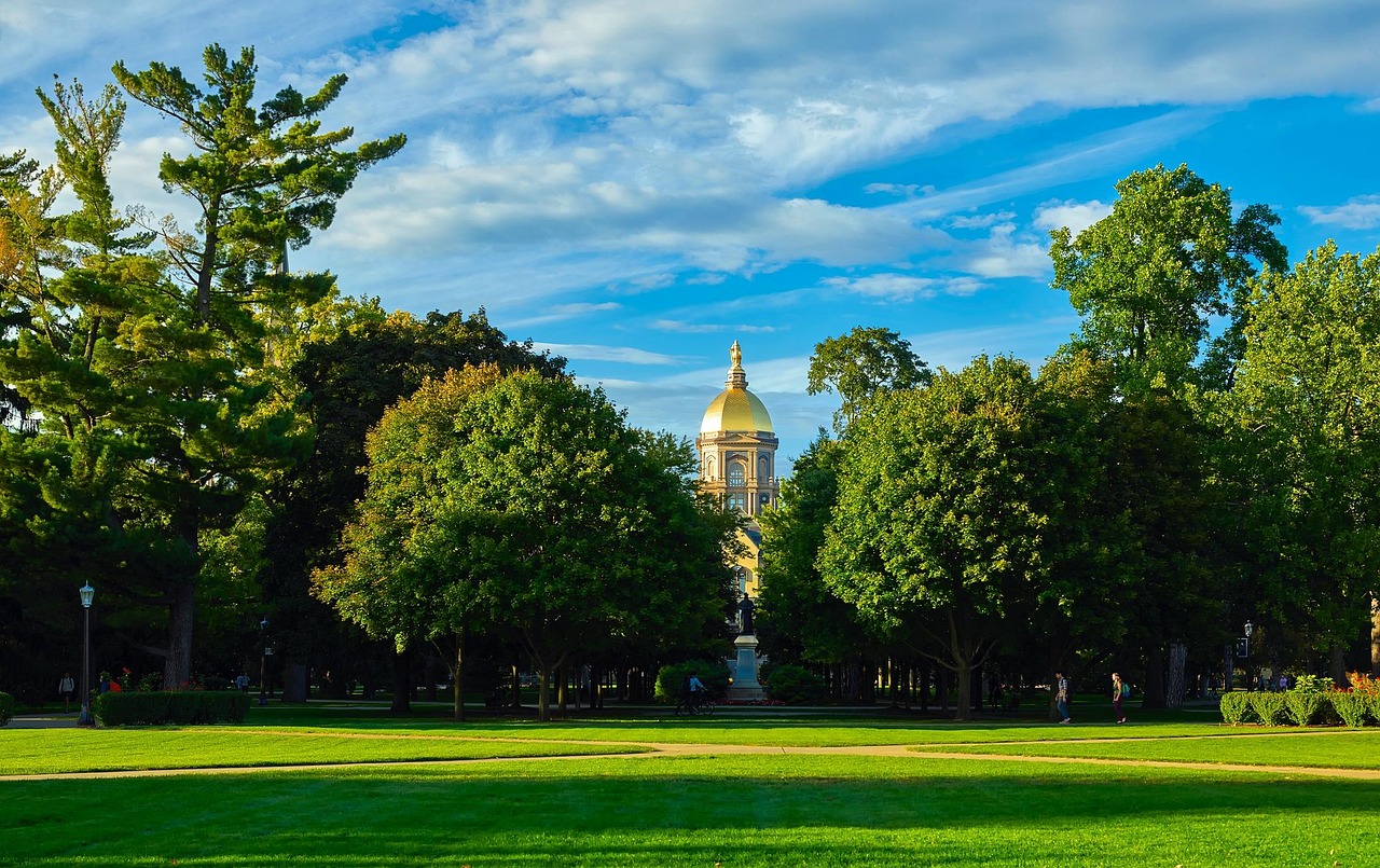 University of notre dame, school, colleges, landscape, building, golden dome, education, landmark, historic, sky, clouds, summer, nature, outside, outdoors, south bend, indiana, campus, catholic, arch
