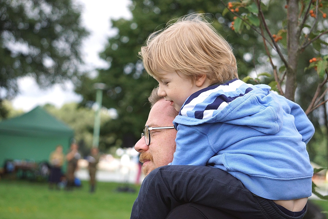 Education, together, a smile, cheerful, happy, father and son, happy moments, parenthood, a small child, baby on his shoulders, children's day, walk, show, father's day, holiday, outside, happy moment