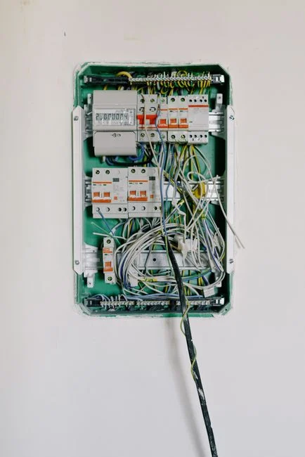 Switchboard with wires connected to electrical switches with circuit breakers installed on white wall