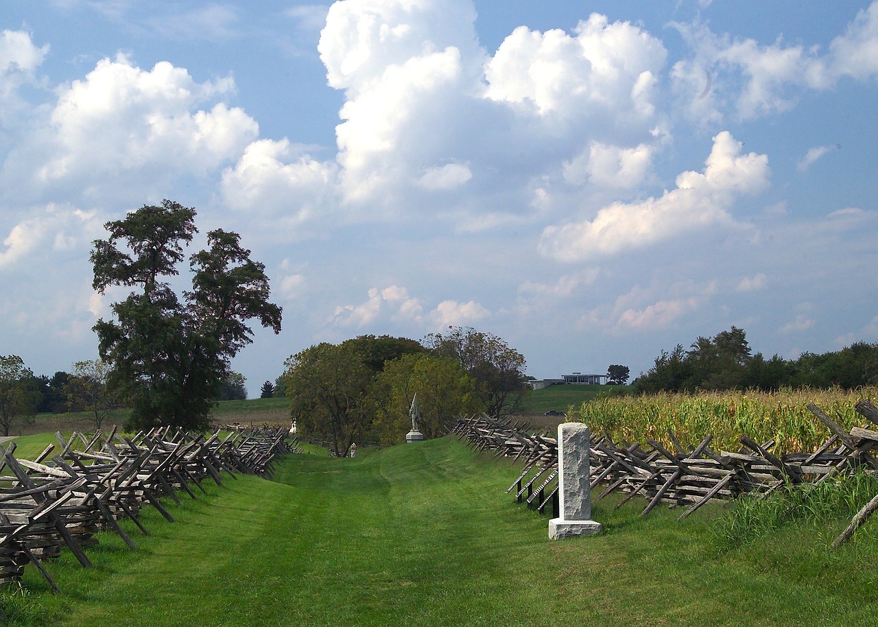 Antietam, maryland, landmark, nature, battlefield, american civil war, bloody lane, fences, summer, sky, clouds, landscape, trees, field, corn, monuments, grass, country, countryside, rural, blue war