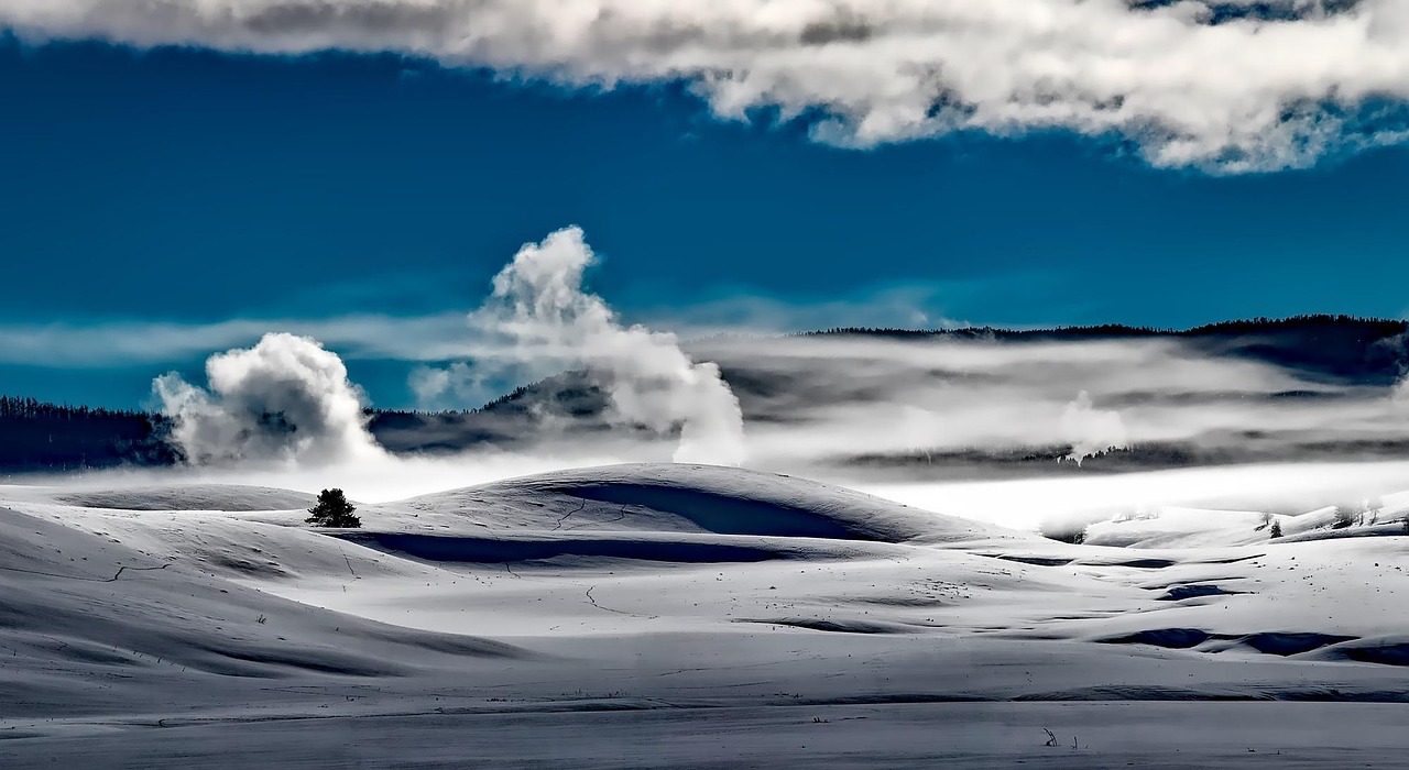 Yellowstone national park, snow, fields, hoarfrost, snow fields, smoke, wyoming, snowy, snowscape, winterscape, wintry, sky, clouds, nature, countryside, rural, landscape, snow, snow, smoke, smoke, sm