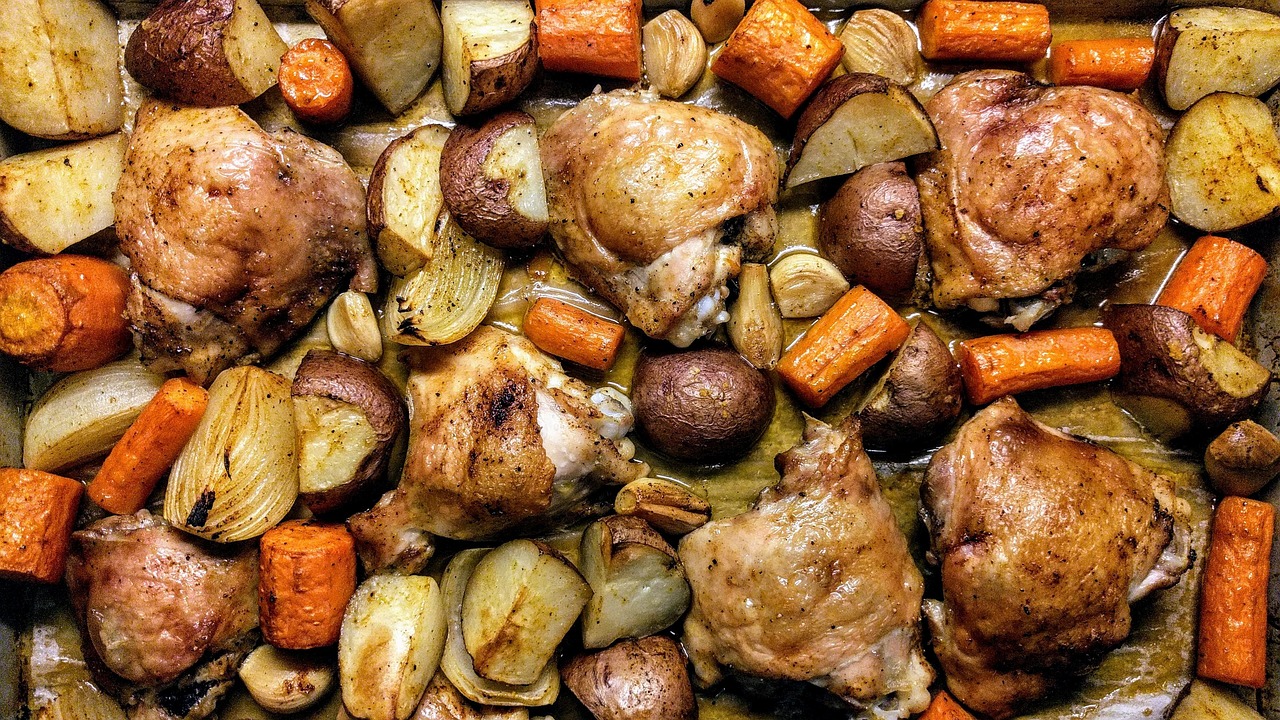Food, chicken, kitchen, cooking, carrots, potatoes, sheet, meal, oven, baking, organic, free range, brown kitchen, brown cooking, brown chicken, United States, Maryland, Greenbelt