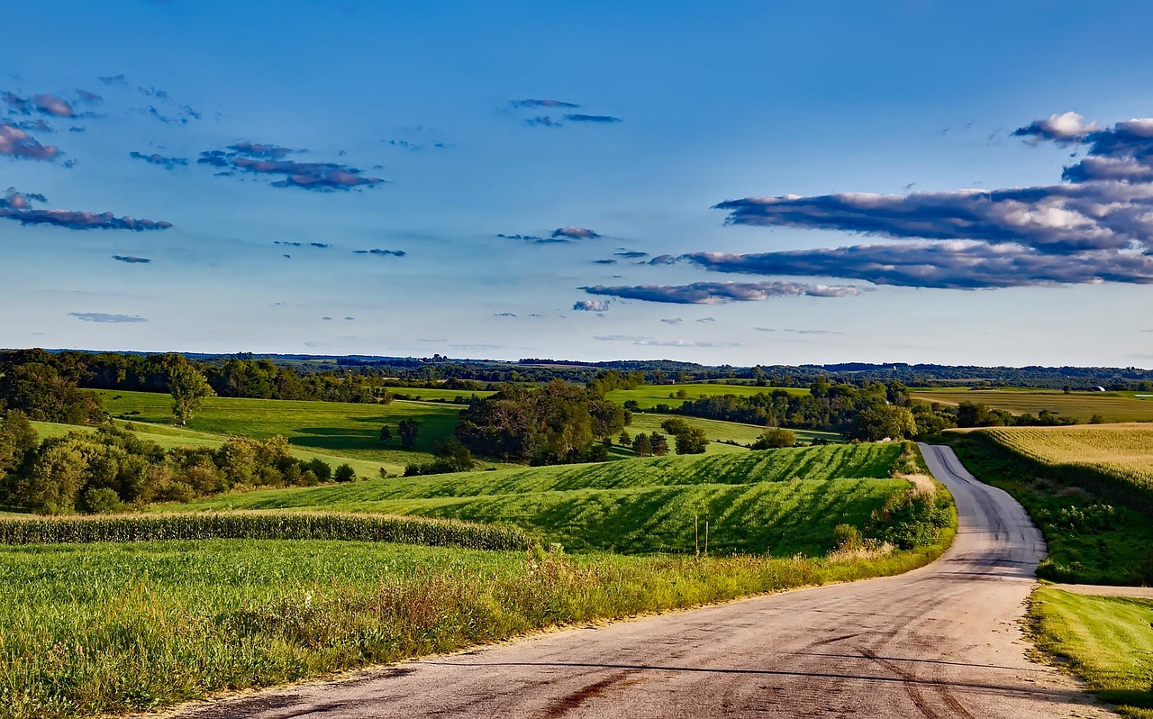 Wisconsin, landscape, scenic, nature, outside, outdoors, country, rural, summer, sky, clouds, farm, agriculture, meadow, field, crop, hdr, forest, trees, woods, road, blue forest, blue road, blue farm