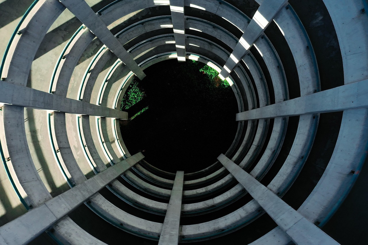 Road, circular, structure, parking lot, park, water park, parallel, steel, pipes, round, design, metal, above, aerial, traffic, United States, Greensboro, North Carolina