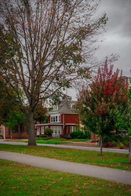 Historic house surrounded by fall foliage on a quiet street